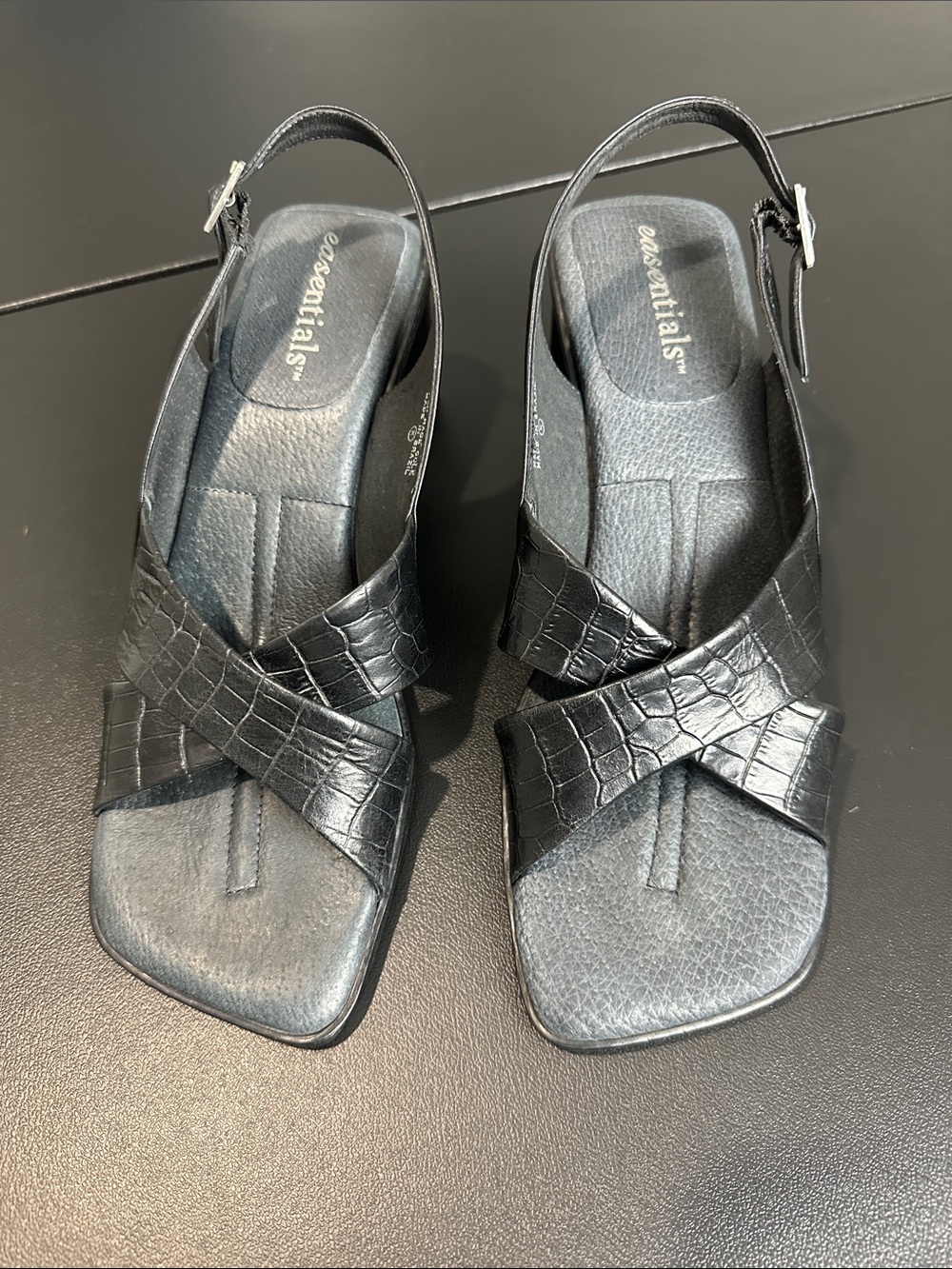 Essentials™ Women's Millie Black Croc-Texture Slingback Sandals Leather Shoes 9M